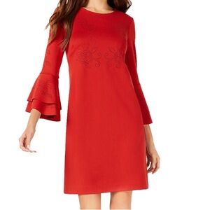 ALFANI Red Laser Cut Bell Sleeve Dress 14P  NWT